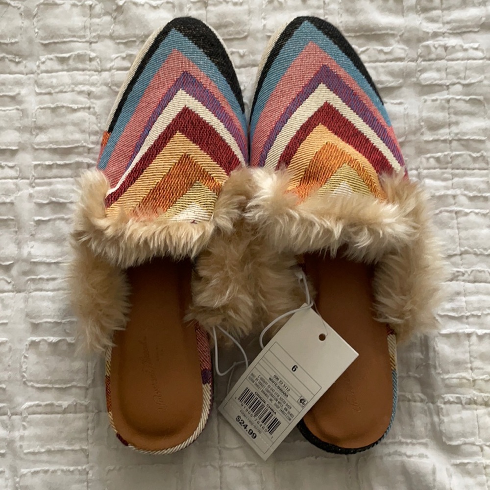 NWT Colorful Fur Mules, Size 6